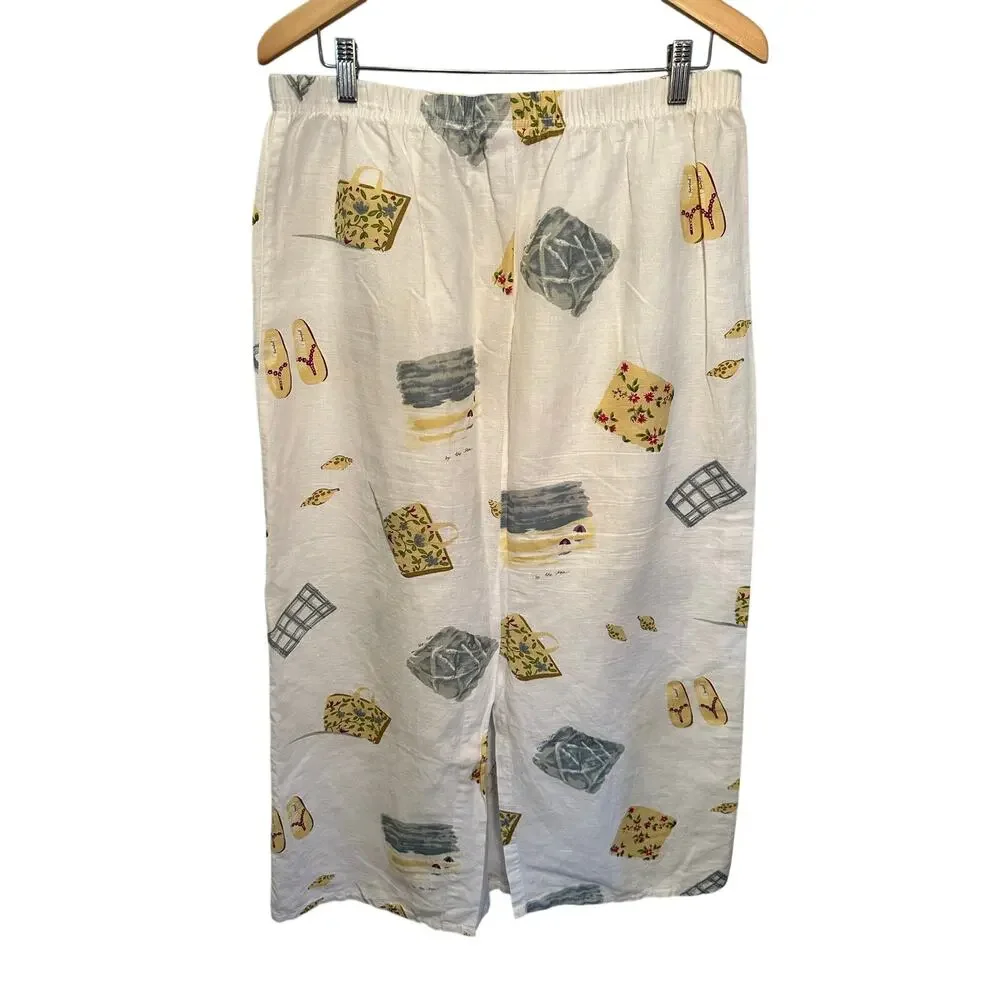 Vintage Hot Cotton Linen Skirt Beach Print Size XL
